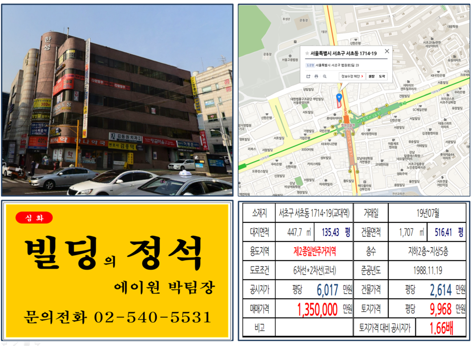  [서초구 빌딩매매사례]서초동 1714-19(교대역) 135억, 평당9,968만원 매매되었습니다.