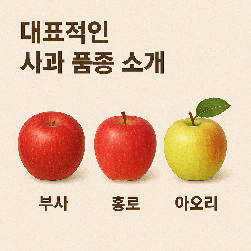 부사, 홍로, 아오리 – 대표적인 사과 품종 소개 이미지 (실제 외형 표현)