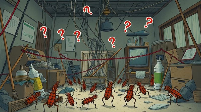 바퀴벌레 퇴치에 효과 없는 잘못된 방법이나 흔한 오해를 상징하는 이미지
