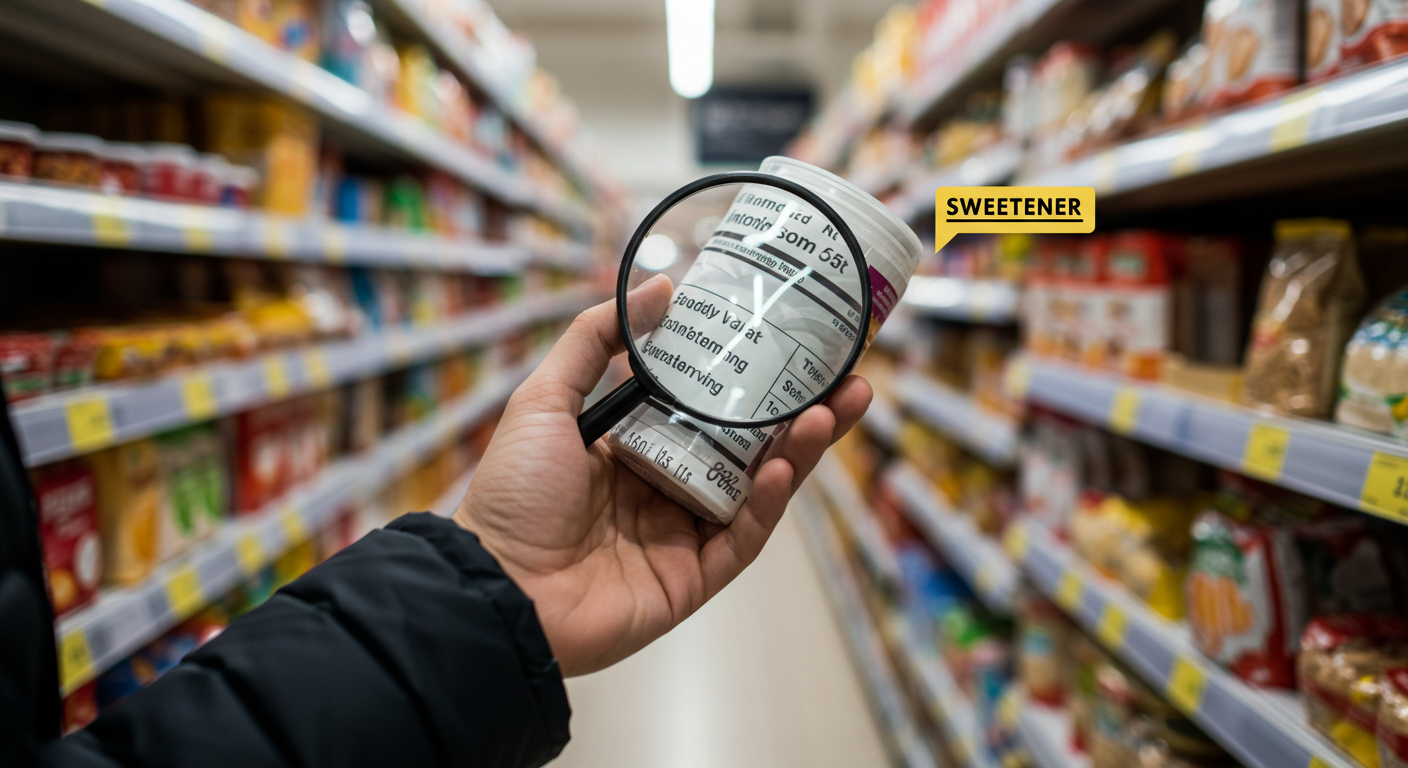 Image Prompt: &quot;A person in a supermarket aisle carefully examining the ingredient label on a food product, with a magnifying glass icon overlayed on the sweetener section. Bright, clear, focus on informed consumerism. - English: A person in a supermarket aisle carefully examining the ingredient label on a food product, with a magnifying glass icon overlayed on the sweetener section. Bright, clear, focus on informed consumerism.&quot;