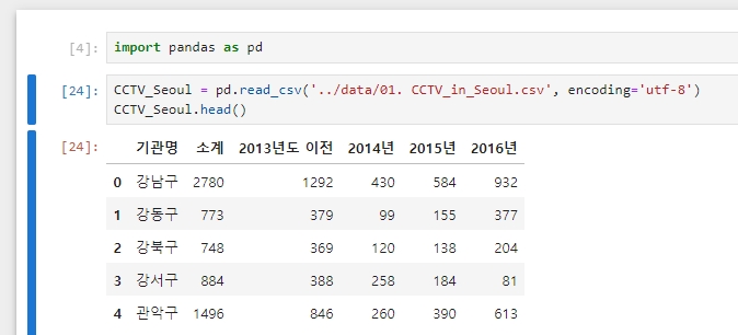 서울시 cctv 데이터 파이썬으로 불러오기