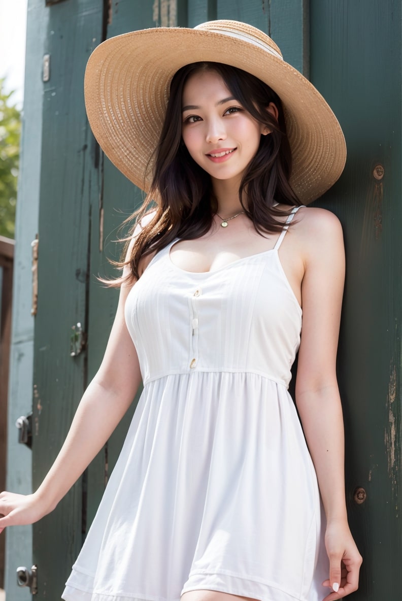 밀짚모자 파스텔 화이트 선드레스 입은 AI여자 만들기