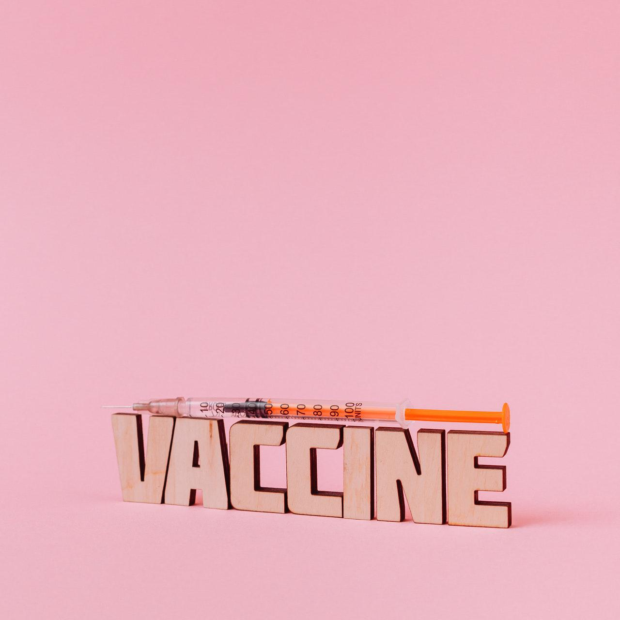 분홍색 배경에 백신이라고 써있고 그 위에 주사기가 올라가 있는 사진 