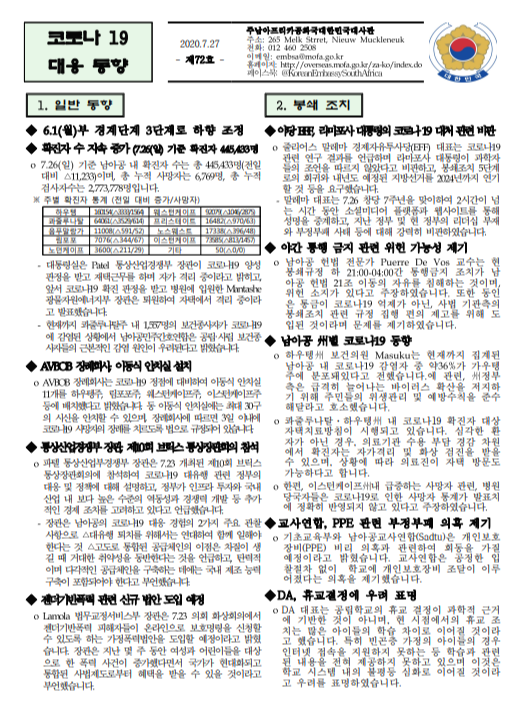  2020년 7월 27일 남아공 코로나 동향 제 72호