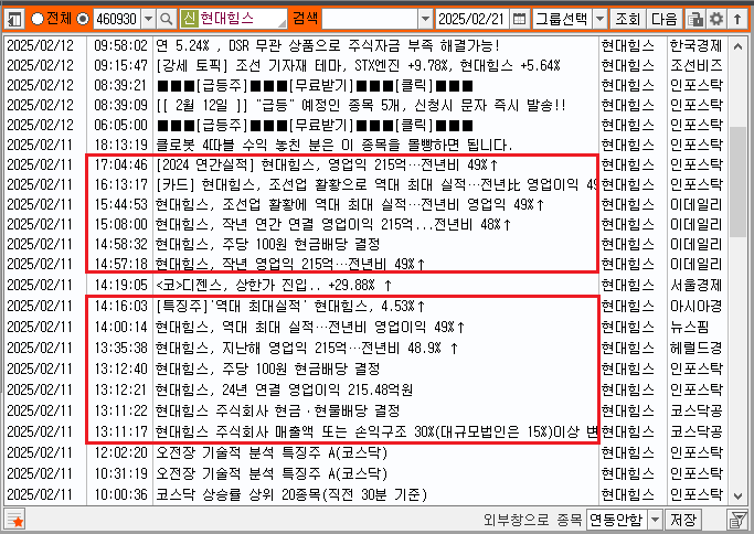 종목 뉴스로 날짜와 시간이 표시되어 있으며 기사 내용을 글로 표현한 그림