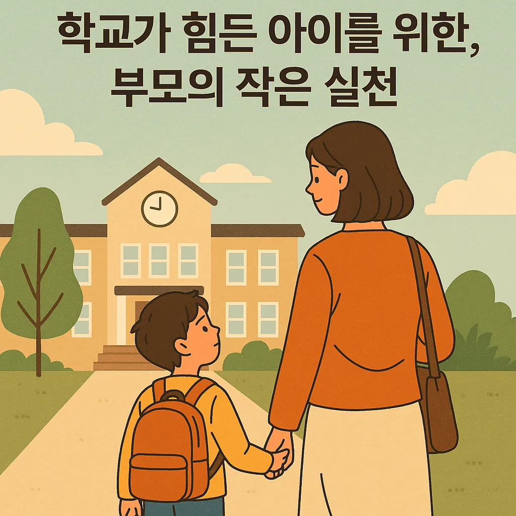 학교 앞에서 부모와 함께 있는 아이, 학교생활에 어려움을 겪는 아이를 위한 부모의 실천을 상징하는 따뜻한 장면.