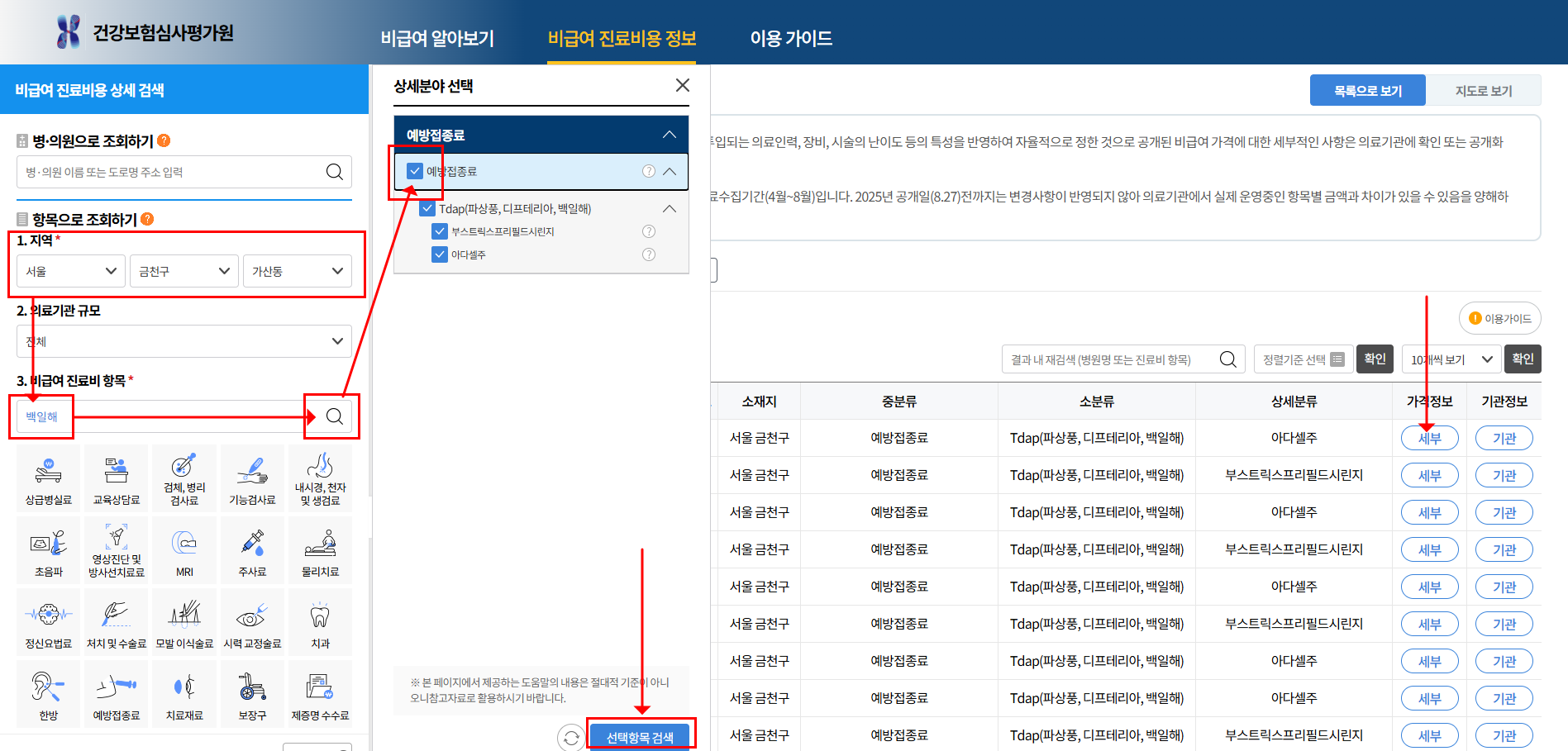 비급여 진료비 정보 검색