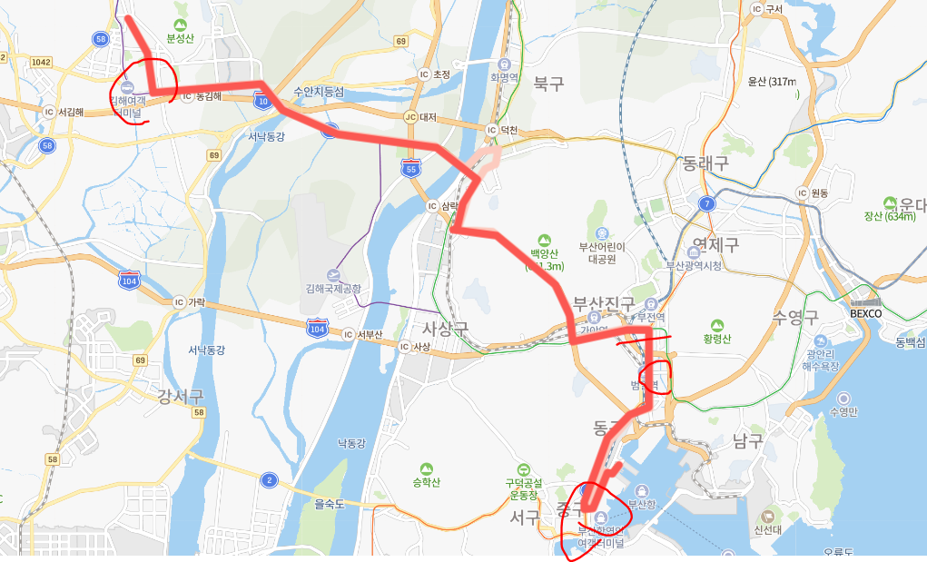  [급행] 부산 1004번버스 노선 시간표 : 김해시청, 인제대역, 평강역, 서면역, 부산역, 부산항국제여객터미널