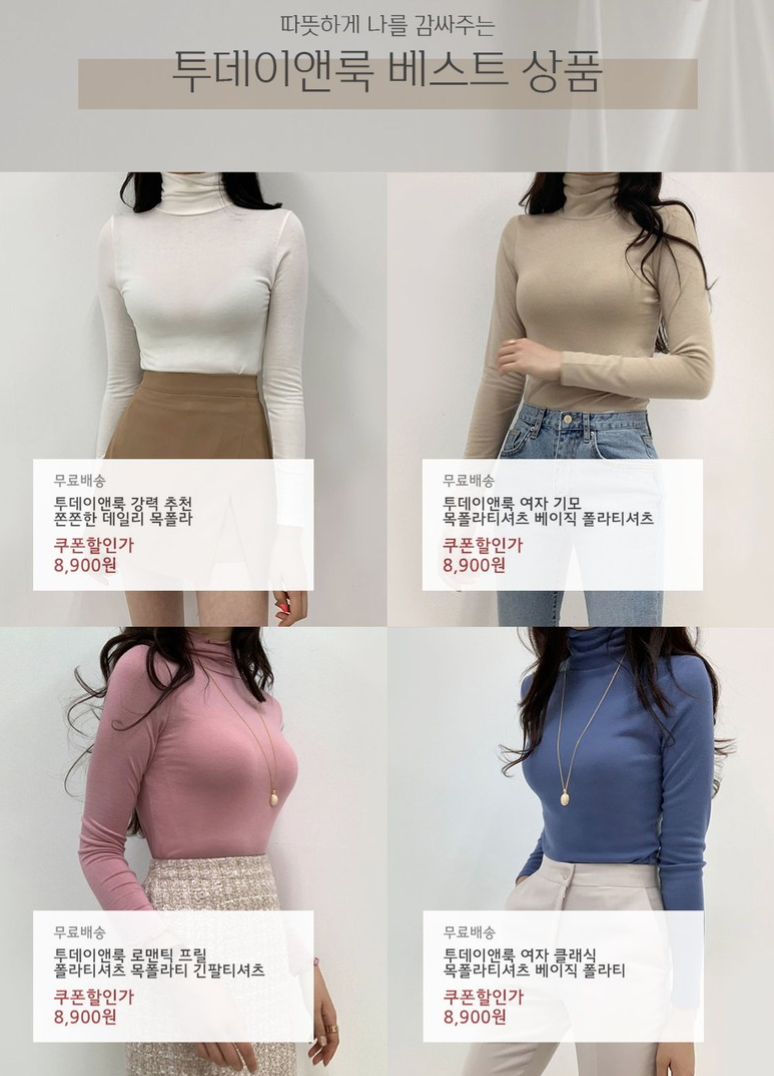  투데이앤룩 여자 클래식 목폴라티셔츠 베이직 폴라티