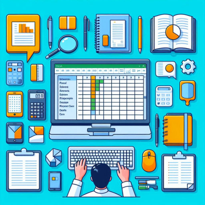 다양한 업무 도구들이 배열된 사무 환경을 나타낸 이미지입니다.