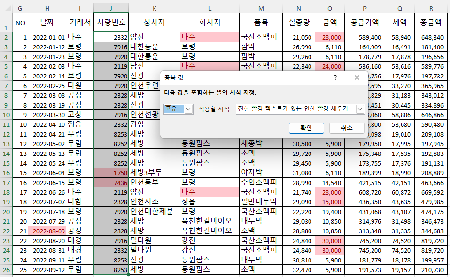 셀 강조 규칙 - 중복값에서 고유값을 찾아 서식을 적용함