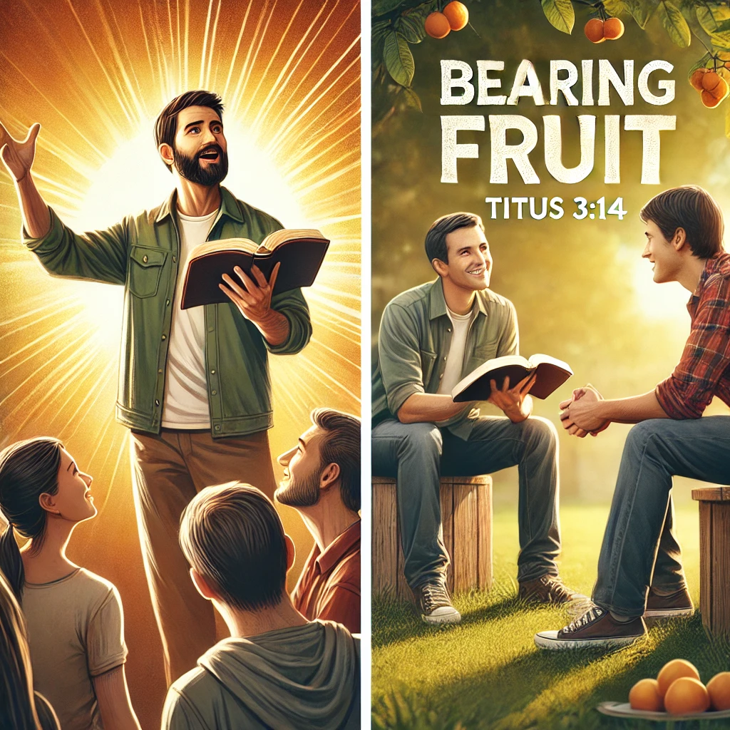 Here is the image illustrating two moments of sharing the gospel and engaging in fellowship, inspired by Titus 3:14. One depicts a small group discussion outdoors, while the other shows a one-on-one conversation in a warm, friendly park setting.
