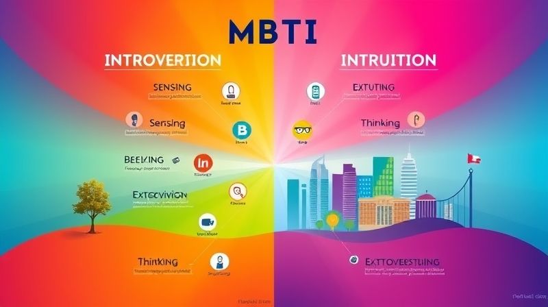 MBTI 성격 유형 검사의 4가지 척도 (내향/외향, 감각/직관, 사고/감정, 판단/인식)를 보여주는 다채로운 인포그래픽