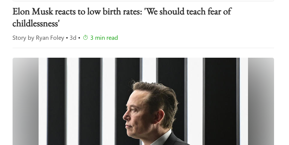 Elon Musk reacts to low birth rates: 'We should teach fear of childlessness'
엘론 머스크, 저출산에 대한 반응: '무자녀에 대한 두려움을 가르쳐야 한다'