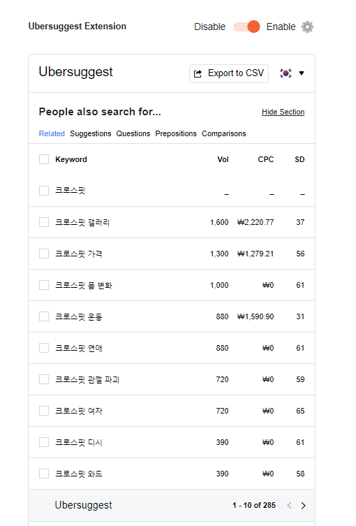 우버서제스트 사용 모습