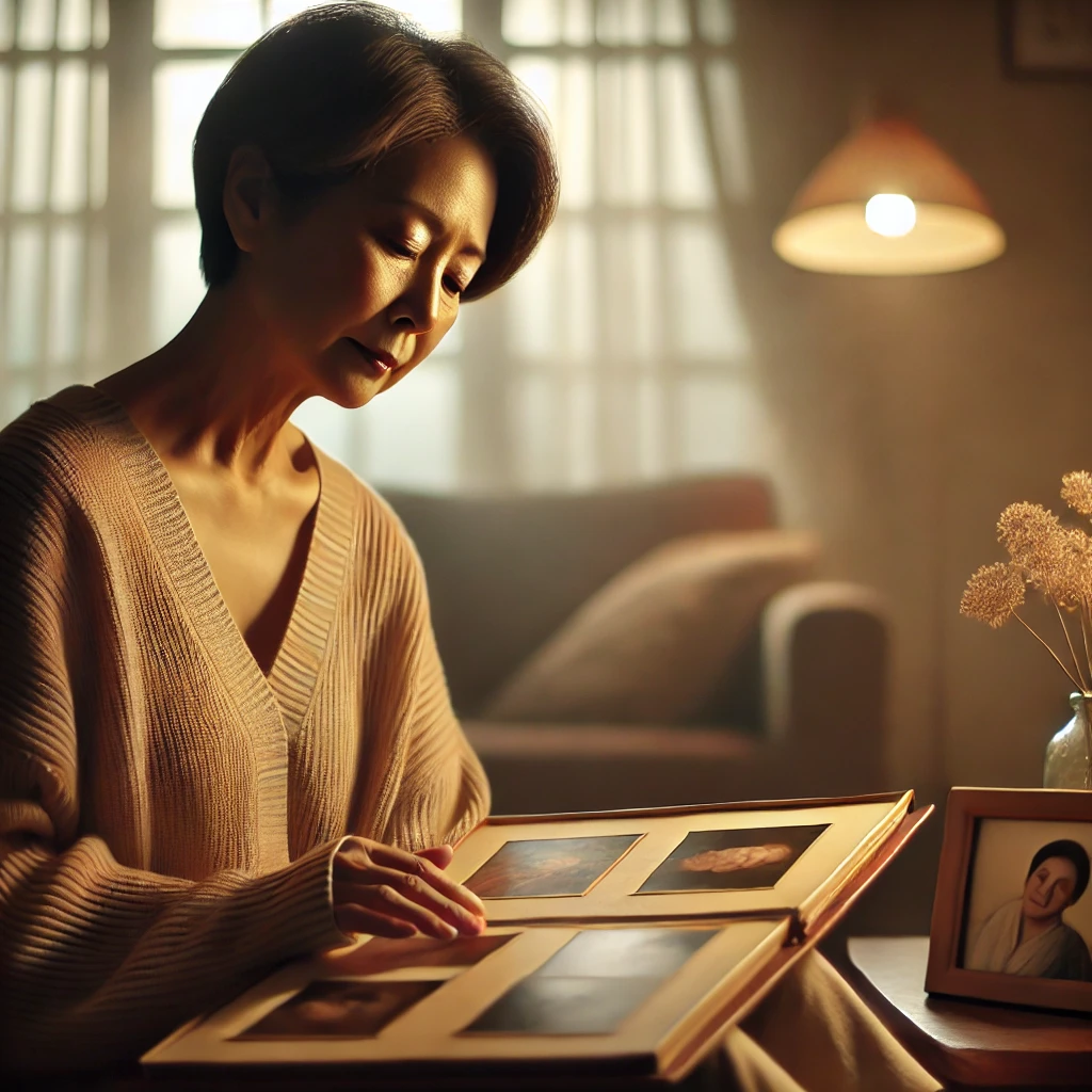 유족연금을 받는 여성이 남편과의 옛추억을 되살리려 사진앨범을보고있다. 