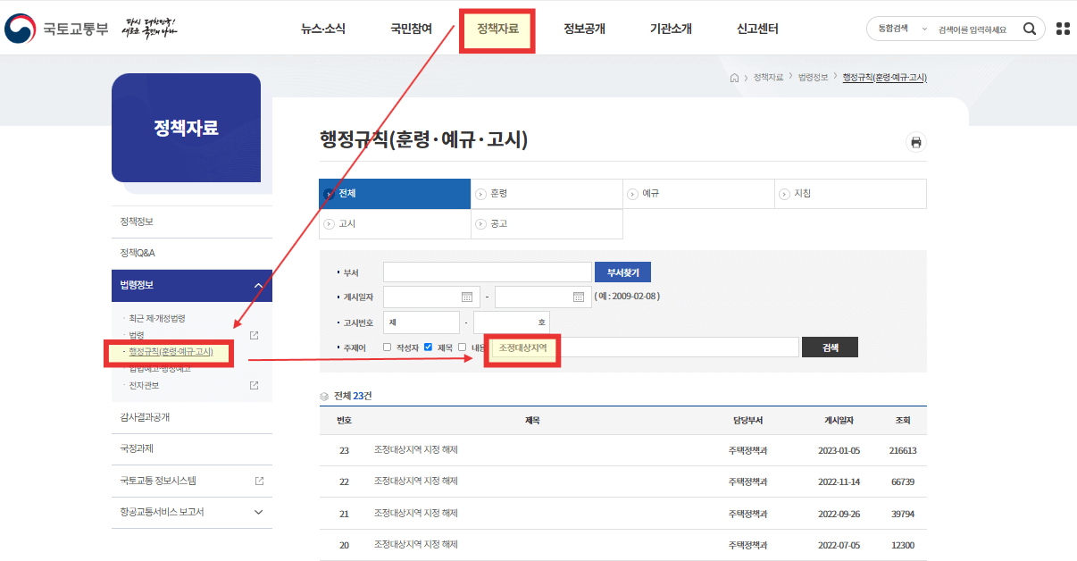 조정대상지역 현황 조회 방법 양도소득세 정보