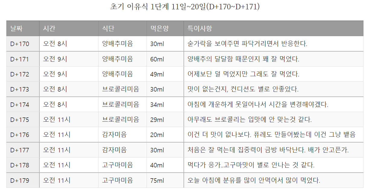 초기 이유식 1단계 두 번째 후기( D+170~D+179 )