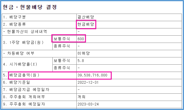 2023년 현금 및 현금배당 공시일