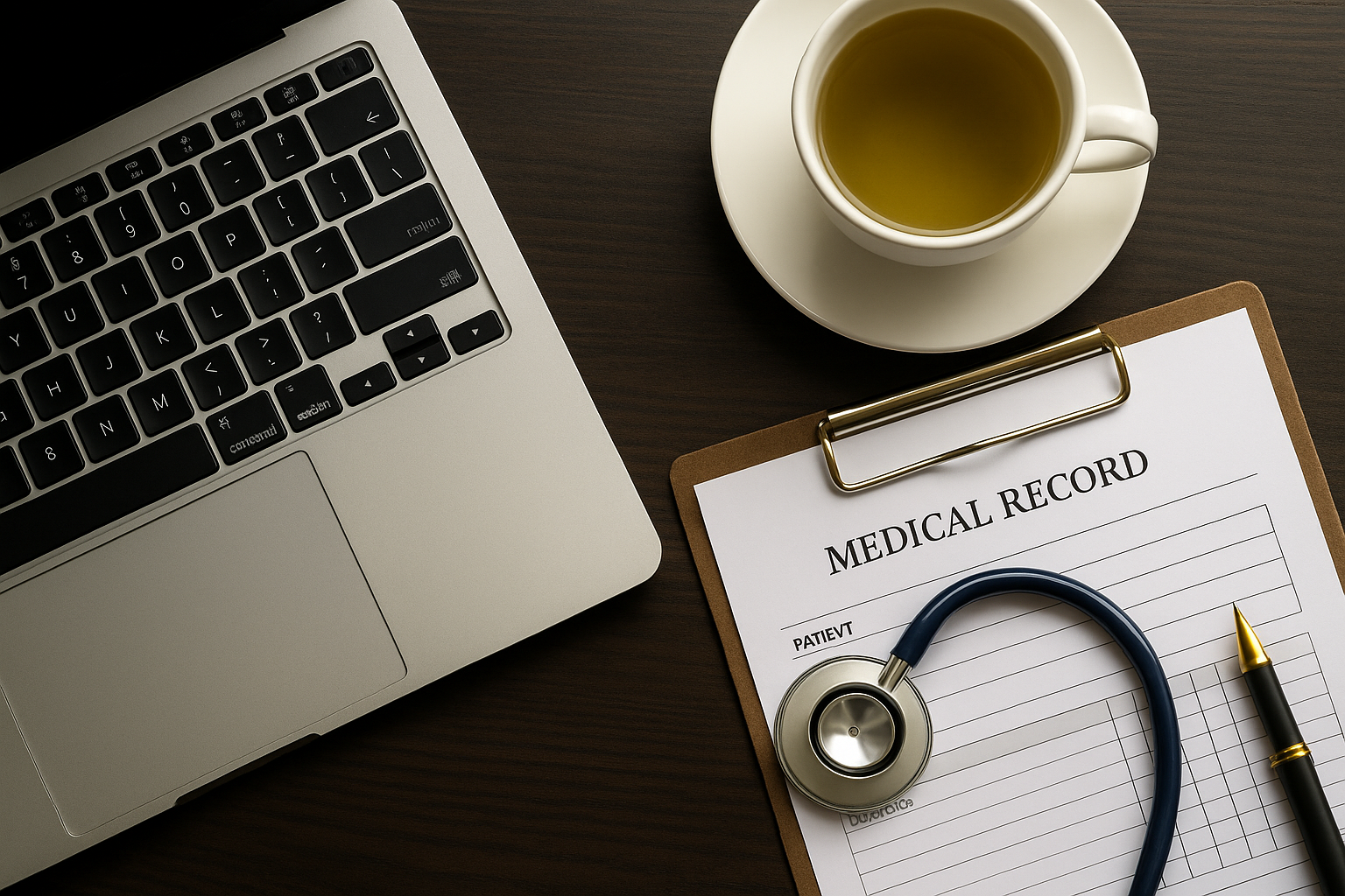 Flat lay of a health blogger’s workspace featuring a laptop, a cup of green tea, a medical record clipboard, a stethoscope, and a gold pen on a dark wooden desk