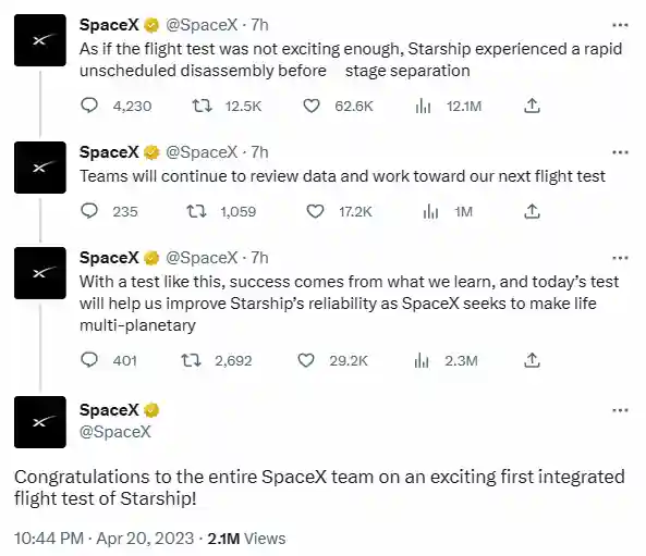 예정에 없던 빠른 분해를 경험삼아 이를 바탕으로 다음 비행 테스트를 노력하겠다는 스페이스 X