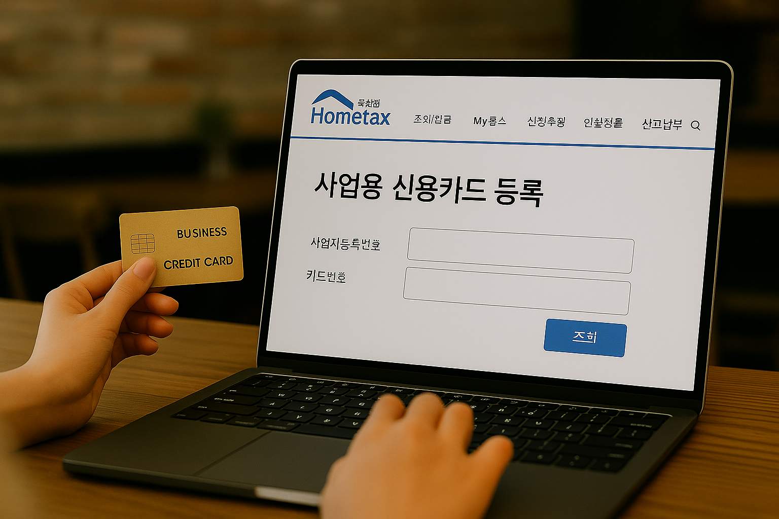 음식점 사장이 사업용 신용카드 등록 관련 문서를 홈택스에서 확인하는 장면
