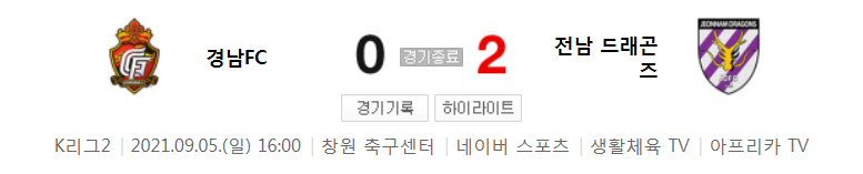  K리그2 / 국내축구 - 경남 VS 전남 (0 - 2) 2021시즌 28라운드 하이라이트 (2021년 9월 5일)