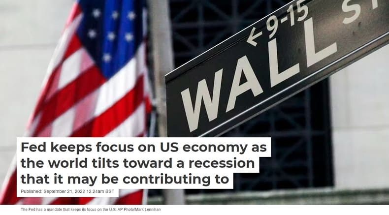 미국 경제에 촛점 맞춘 연준의 울트라 금리인상 매우 심각 Fed keeps focus on US economy as the world tilts toward a recession.
