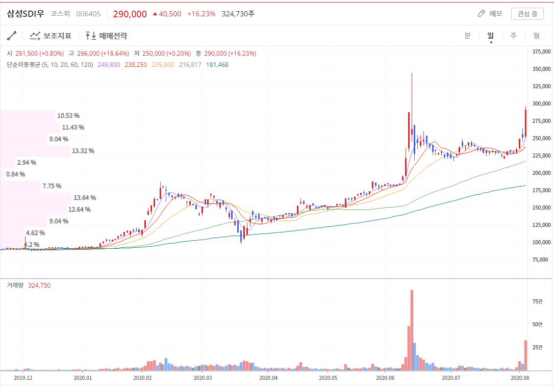 삼성SDI 일봉 주가 흐름 차트 - 상승흐름 중 조정구간 포착