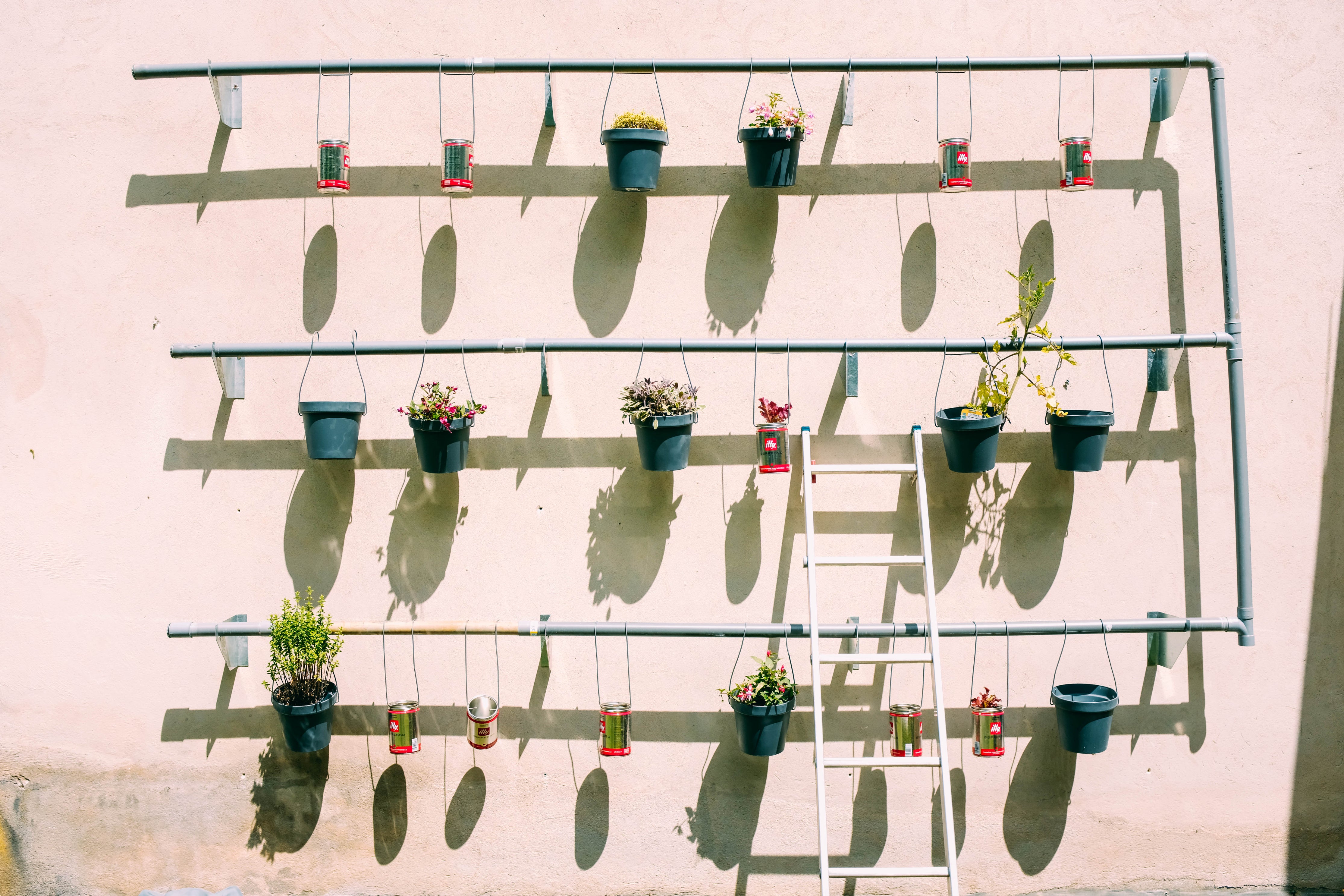 배수관과 화분&#44; 캔을 창의적으로 활용하여 현대적이고 세련된 행거식 정원을 만들었음.