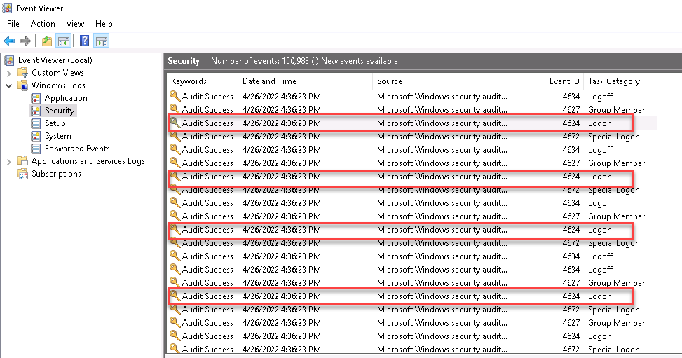 Windows Server Event Viewer RDP 로그온 기록 확인