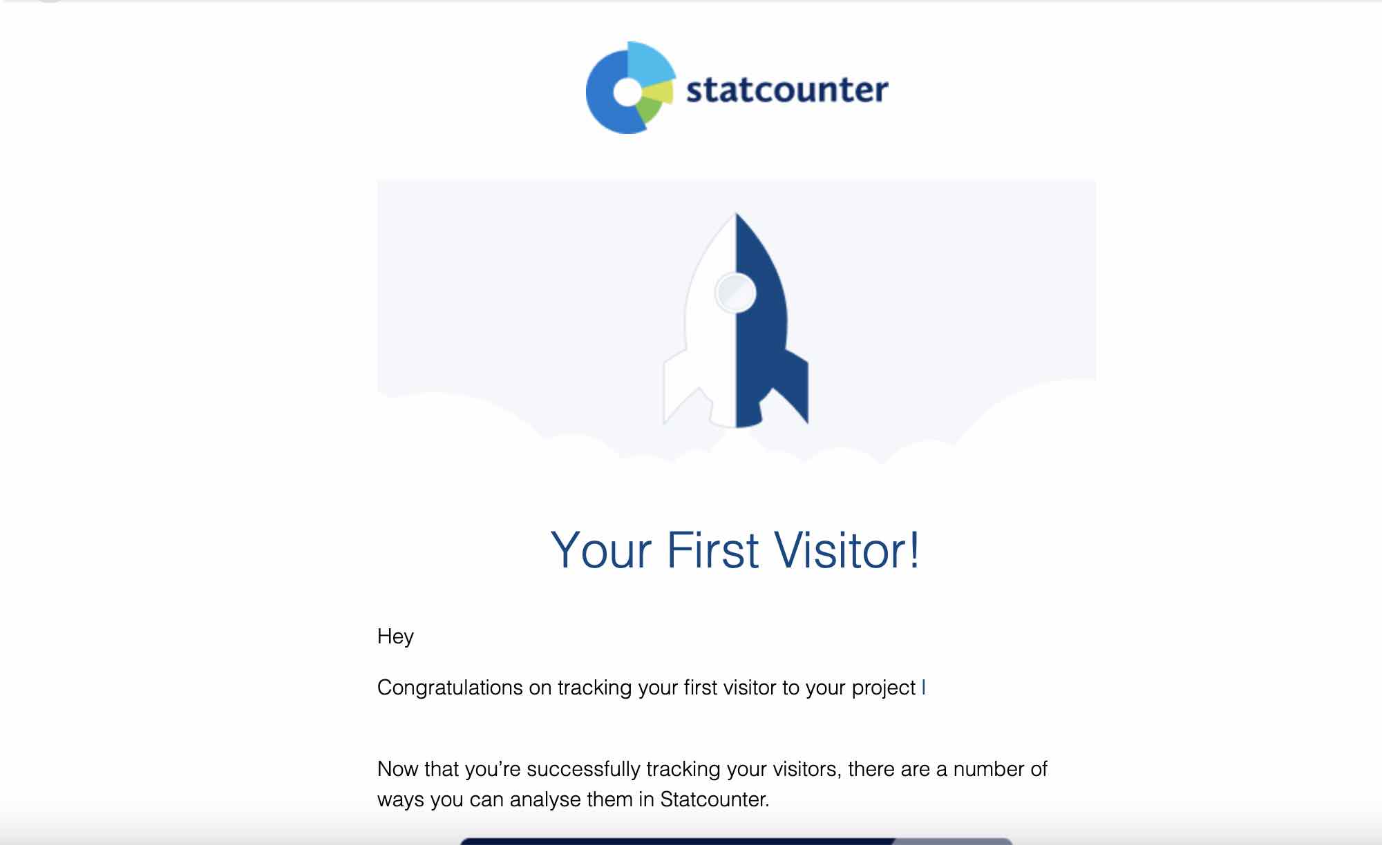 screenshot of email from statcounter, notifying that the first visitor was successfully tracked