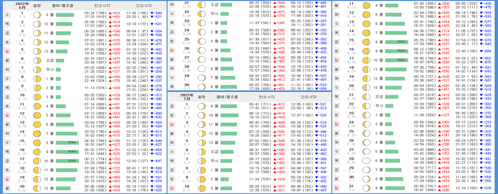 2022년 6, 7월 태안 물때표, 만조 간조 시각, 물때표 보는법