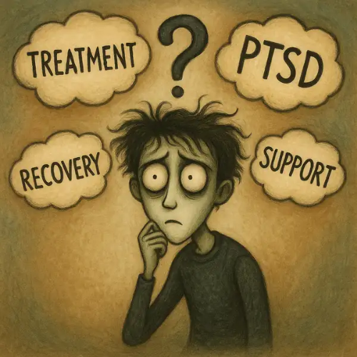 PTSD, 치료, 회복, 지원 등의 키워드가 물음표와 함께 떠오르는 장면을 팀 버튼풍 그림체로 표현한 감정적 일러스트