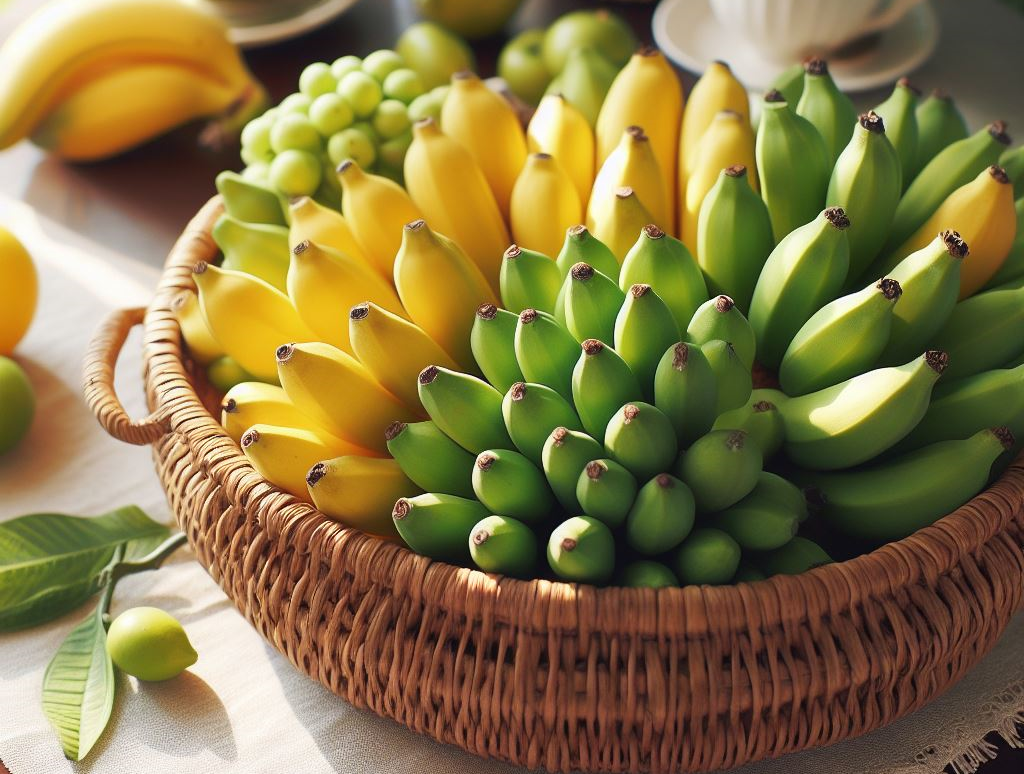 바구니에 담겨있는 잘익은 노란색 바나나와 덜 익은 녹색 바나나