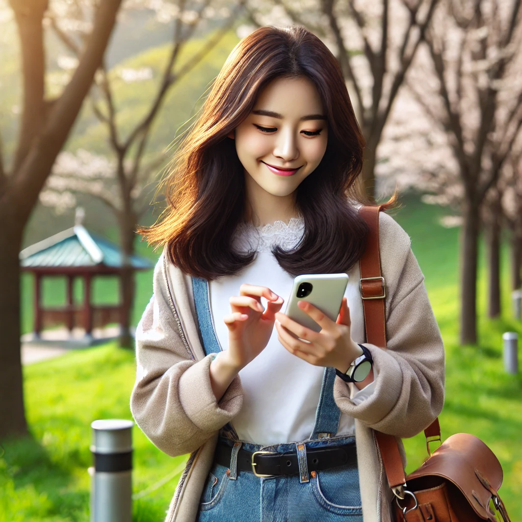 젊은 여성이 봄날 공원에서 혜택알리미 앱을 사용하는 모습