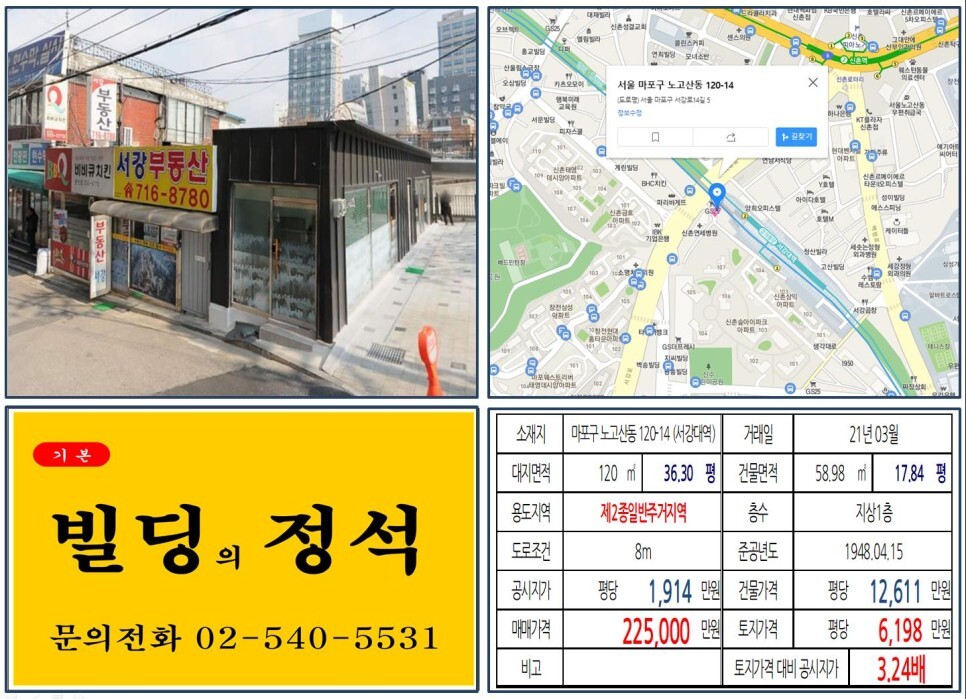  [마포구 초역세권 20억 꼬마빌딩 실거래가 조회] 노고산동 120-14 (서강대역) 22억 5,000만 원, 평당 6,198만 원 매매되었습니다. 신촌연세병원, 신촌숲아이파크