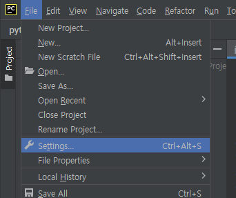 파이참 settings 위치를 보여주는 사진