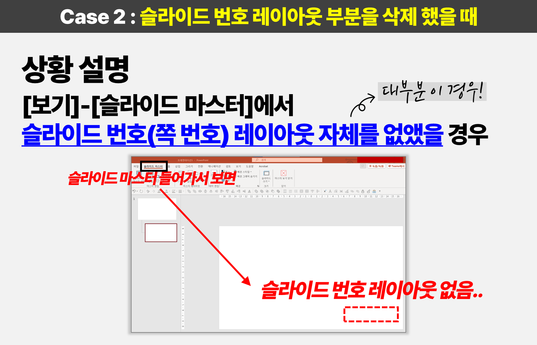 Case 2 : 슬라이드 마스터에서 슬라이드 번호(쪽 번호) 레이아웃 부분을 없앴을 때 
2-1. 상황 상세 설명
대부분 이 경우일 것이다. 조금 더 정확히 설명하자면&#44; [보기]-[슬라이드 마스터]에서 슬라이드 번호(쪽 번호) 레이아웃 자체를 없앴을 경우를 말한다. (사용자가 삭제한 경우!)
