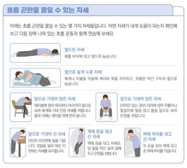 호흡곤란을 줄일 수 있는 자세