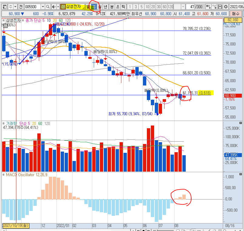 피보나치 61.8% 및 양의 주봉 MACD 오실레이터 유지중인 삼성전자