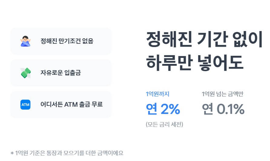 토스 파킹통장
- 정해진 만기조건 없음
- 자유로운 입출금
- 1억원까지 연 2%