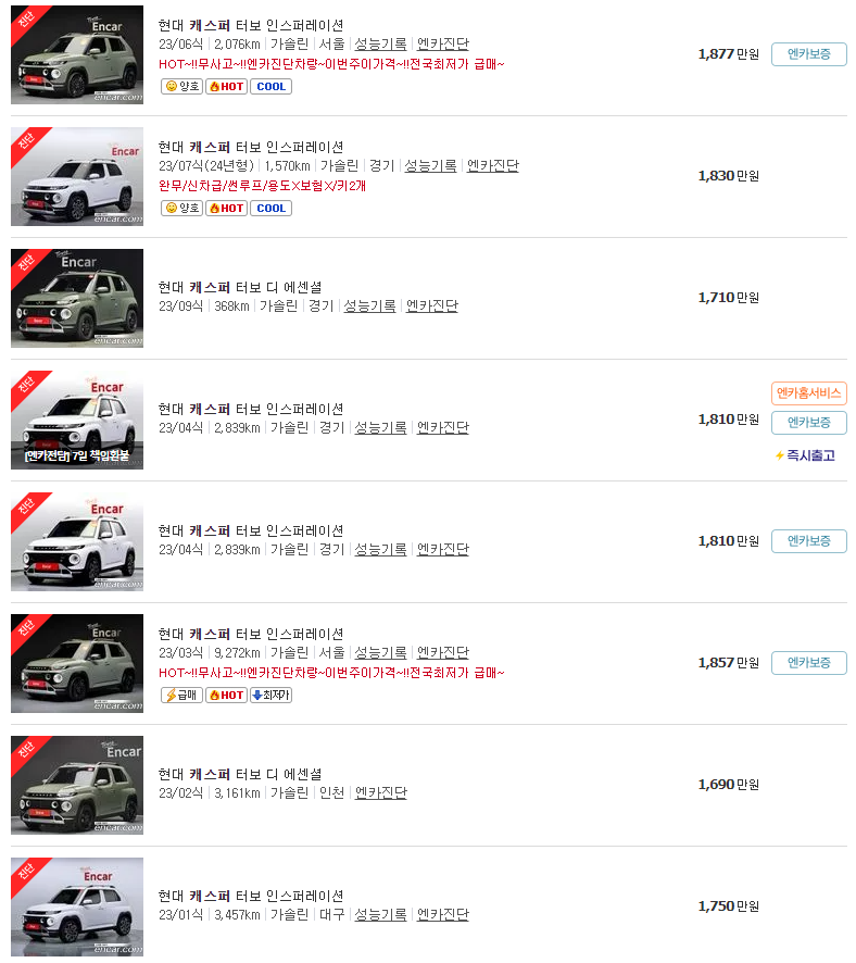2023년식 캐스퍼 중고차 가격