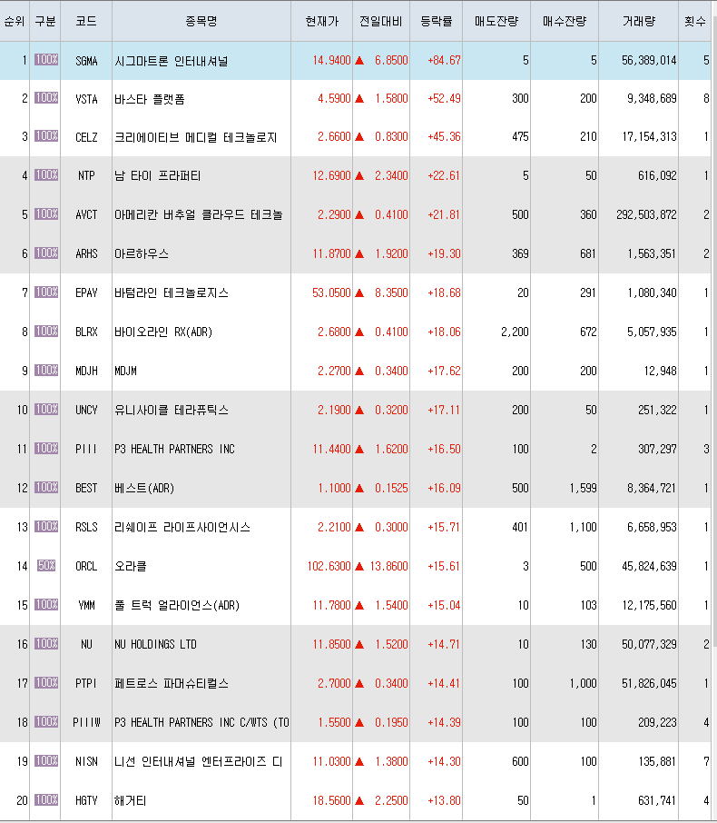  12월10일 미국주식 상승률 상위 종목 TOP 300