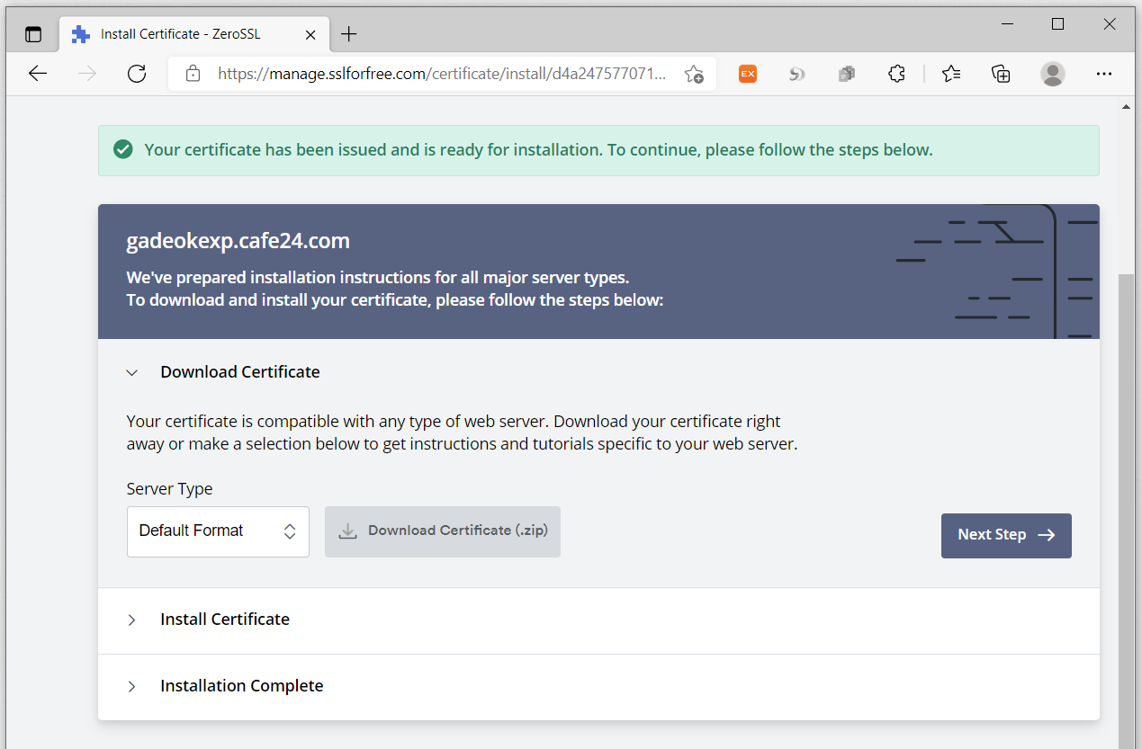 zerossl cert step 7