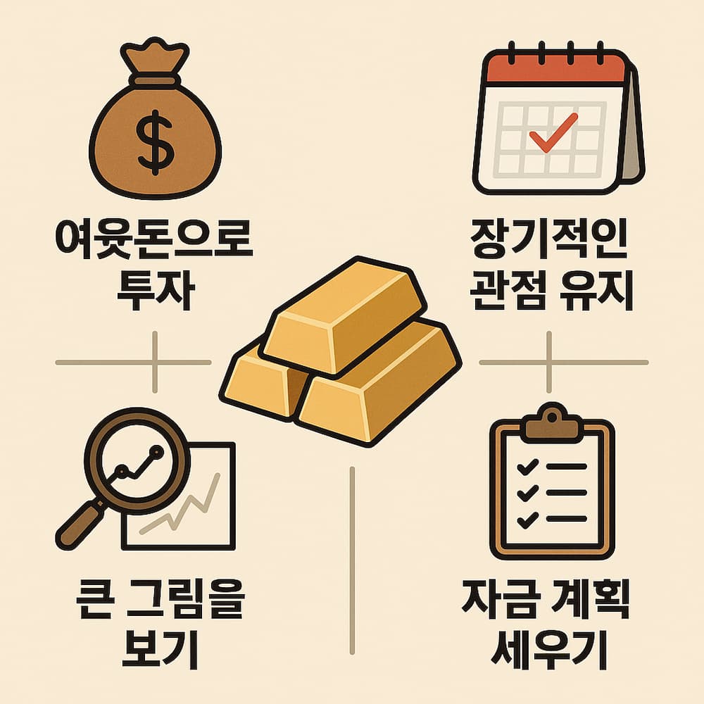금 투자 전 체크리스트와 장기적 자금 계획을 준비하는 실제 책상 위 장면