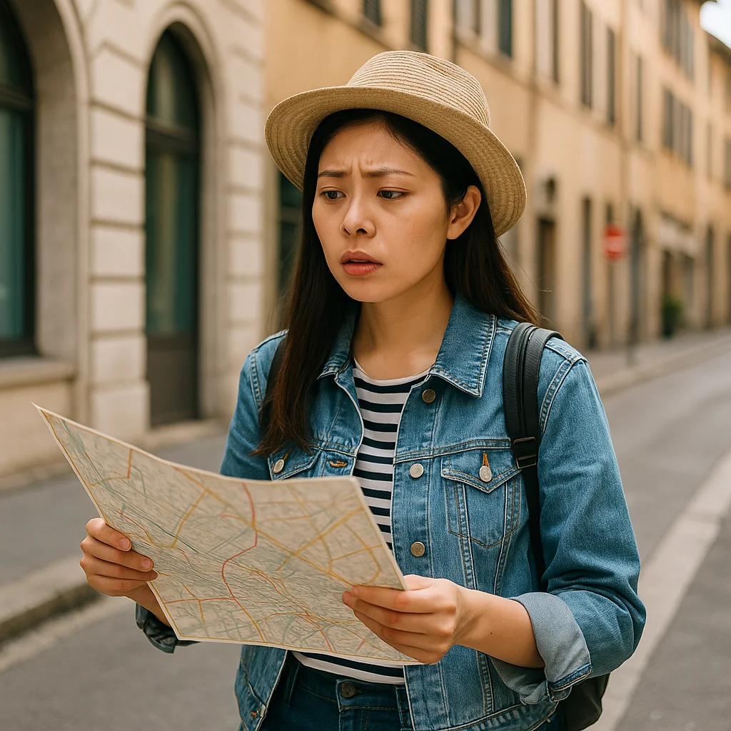 A traveler standing at a foreign street corner looking confused and checking a map