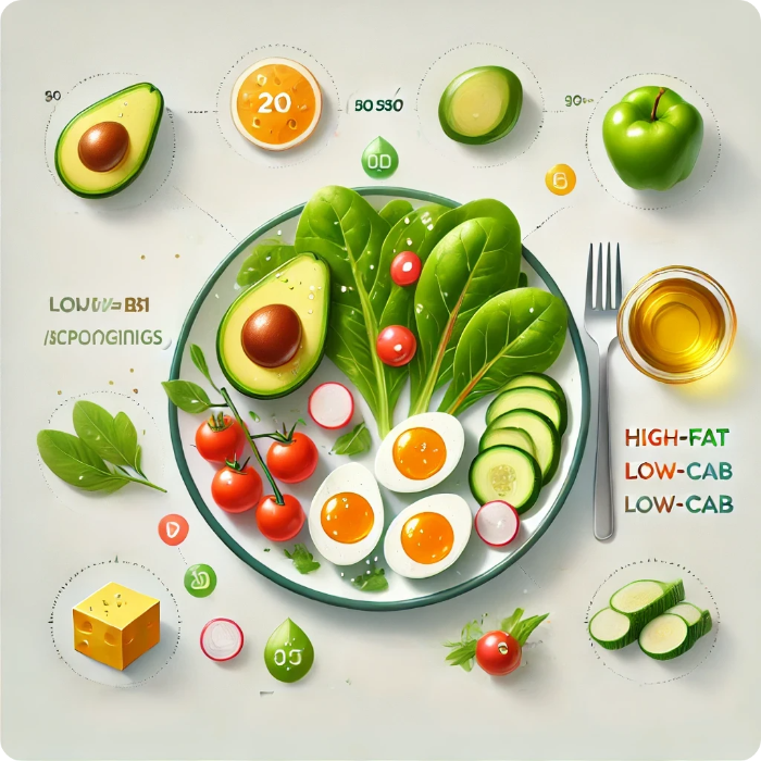 Balanced ketogenic diet meal plate with high-fat, low-carb foods like avocado, eggs, olive oil, and leafy greens, symbolizing a systematic and healthy approach to ketogenic eating.