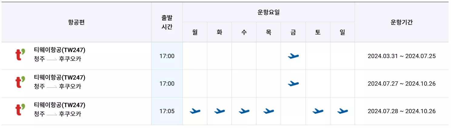 청주국제공항 에서 후쿠오카 가는 비행기 시간표