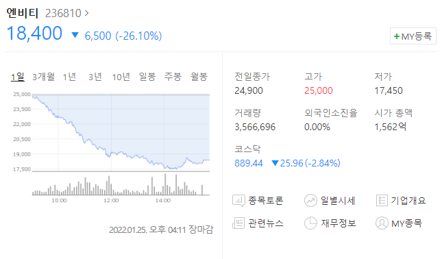  (236810)엔비티 주가전망 엔비티 대주주 매도 엔비티 하락세